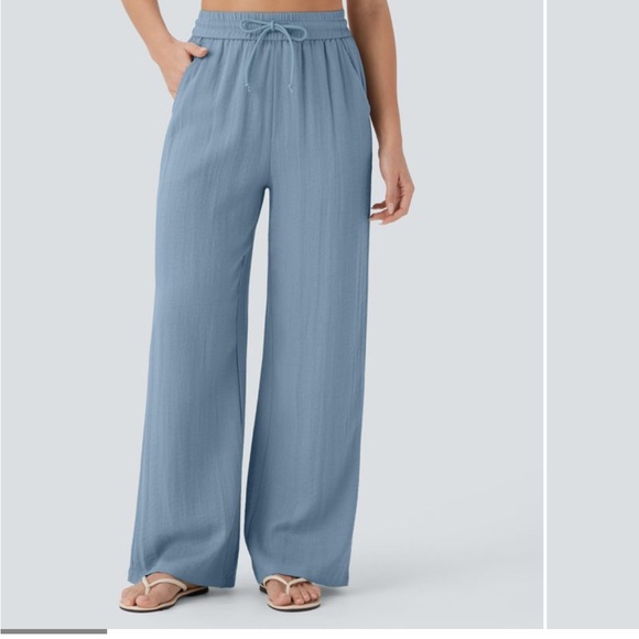 Halara High Waisted Drawstring Pocket Wide Leg Casual Linen-Feel Pants NWT - Picture 1 of 4